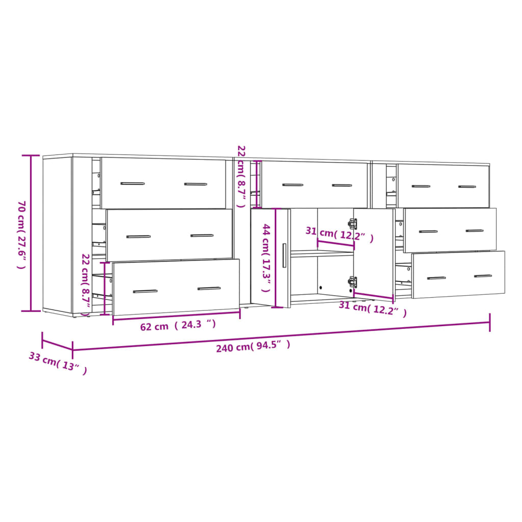 vidaXL Aparadores 3 pcs madeira processada cinzento sonoma