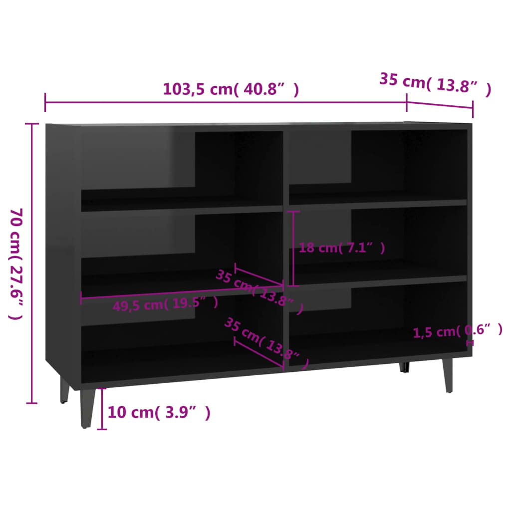 vidaXL Aparador 103,5x35x70 cm contraplacado preto brilhante