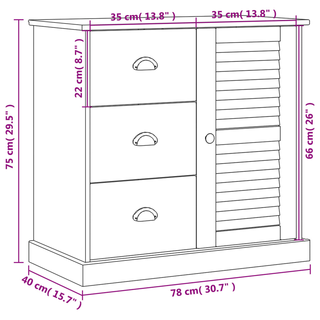 vidaXL Aparador com gavetas VIGO 78x40x75 cm pinho maciço branco