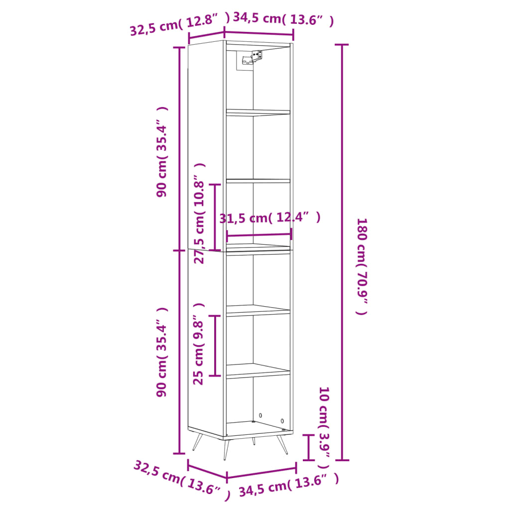 vidaXL Armário alto 34,5x32,5x180cm derivados de madeira cinza cimento