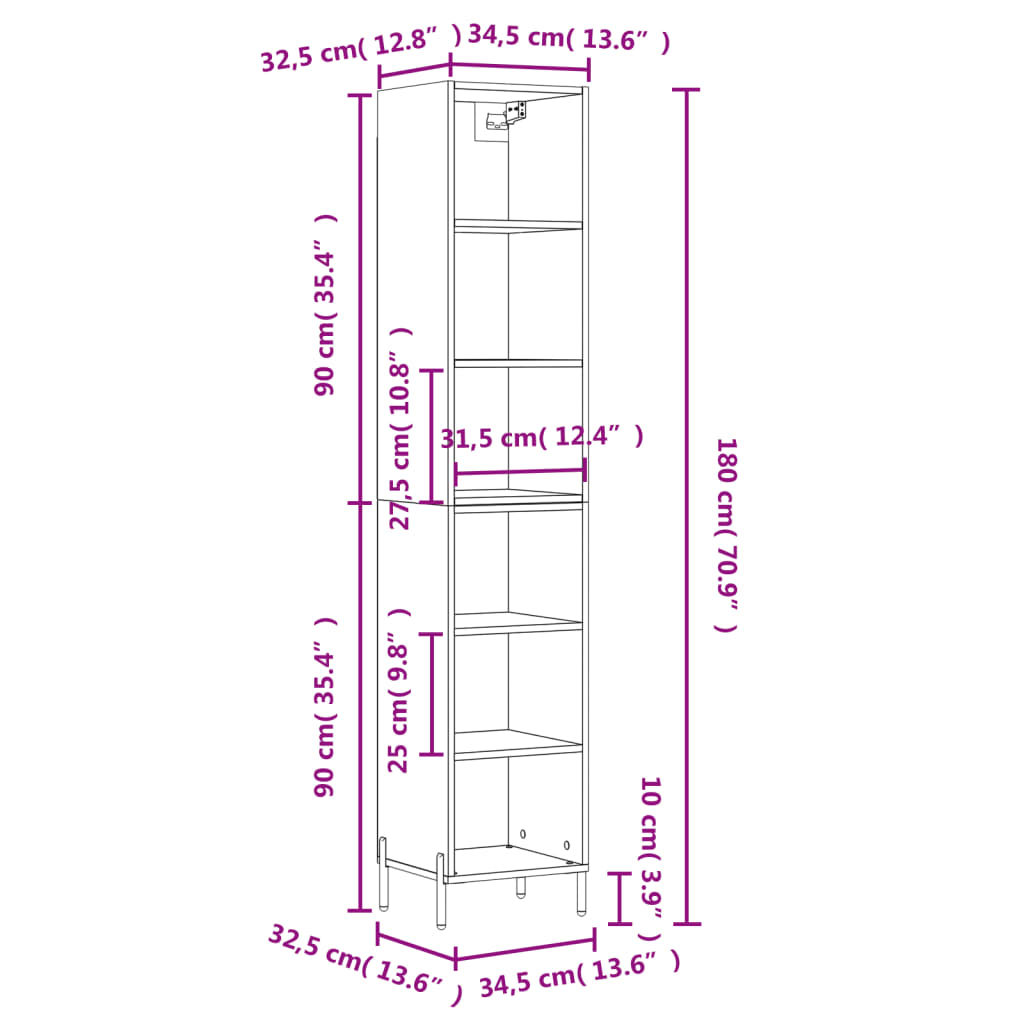 vidaXL Armário alto 34,5x32,5x180 cm derivados de madeira sonoma cinza