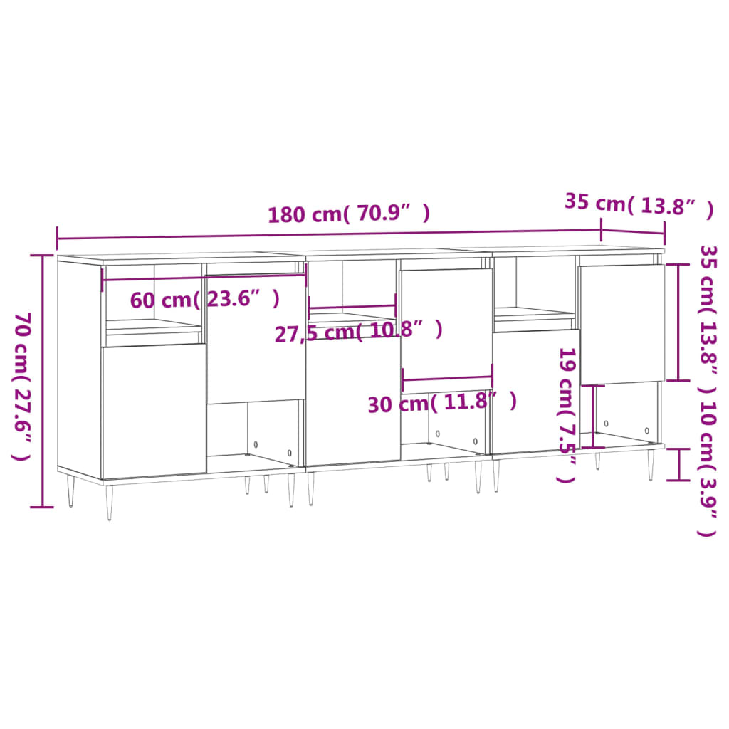 vidaXL Aparadores 3 pcs derivados de madeira cinzento cimento