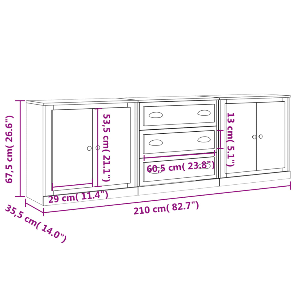 vidaXL Aparadores 3 pcs derivados de madeira preto