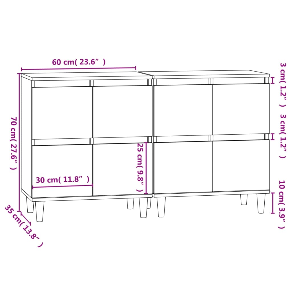 vidaXL Aparadores 2 pcs 60x35x70 cm derivados madeira branco brilhante