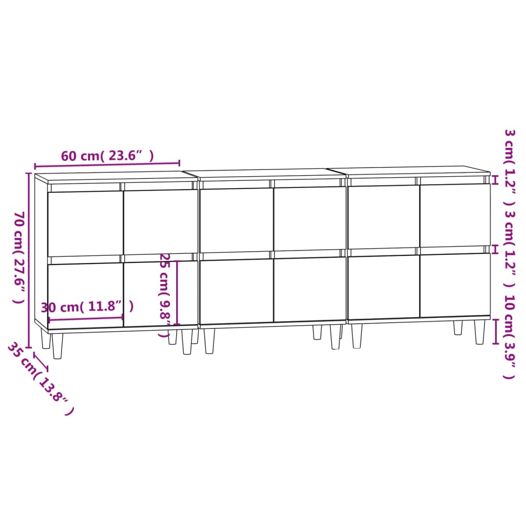 vidaXL Aparadores 3 pcs 60x35x70 cm derivados madeira carvalho sonoma