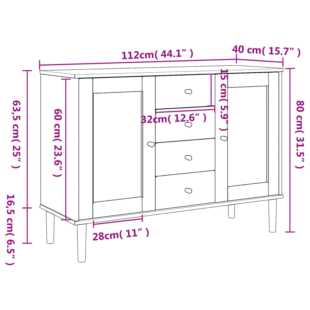 vidaXL Aparador SENJA aspeto de vime 112x40x80 cm pinho maciço branco