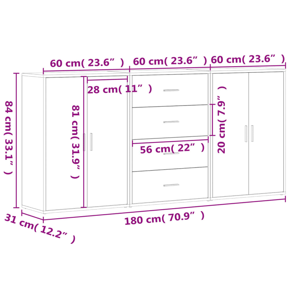 vidaXL Aparadores 3 pcs 60x31x84 cm derivados madeira cinzento cimento