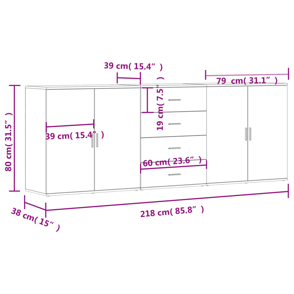 vidaXL Aparadores 3 pcs derivados de madeira preto