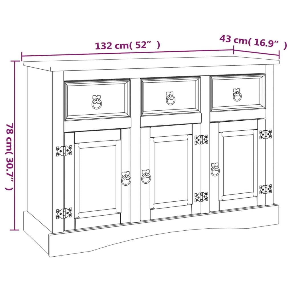 vidaXL Aparador Corona Range 132x43x78 cm pinho mexicano maciço branco