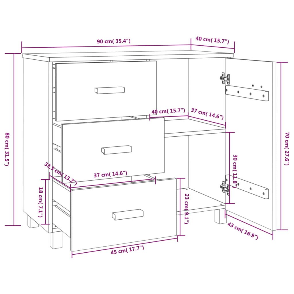 vidaXL Aparador HAMAR 90x40x80 cm pinho maciço cinza-escuro