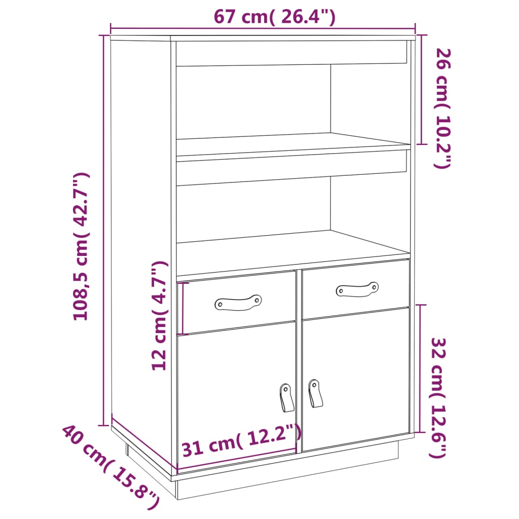 vidaXL Aparador alto 67x40x108,5 cm pinho maciço branco