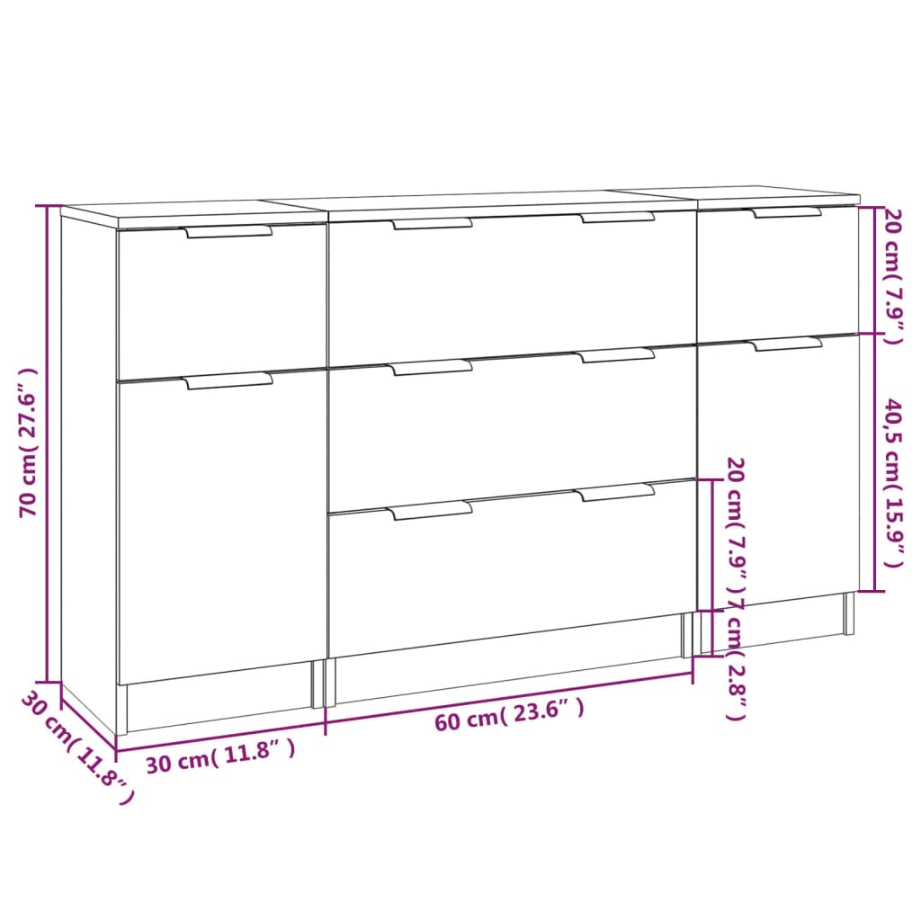 vidaXL 3 pcs conjunto de aparadores madeira processada preto