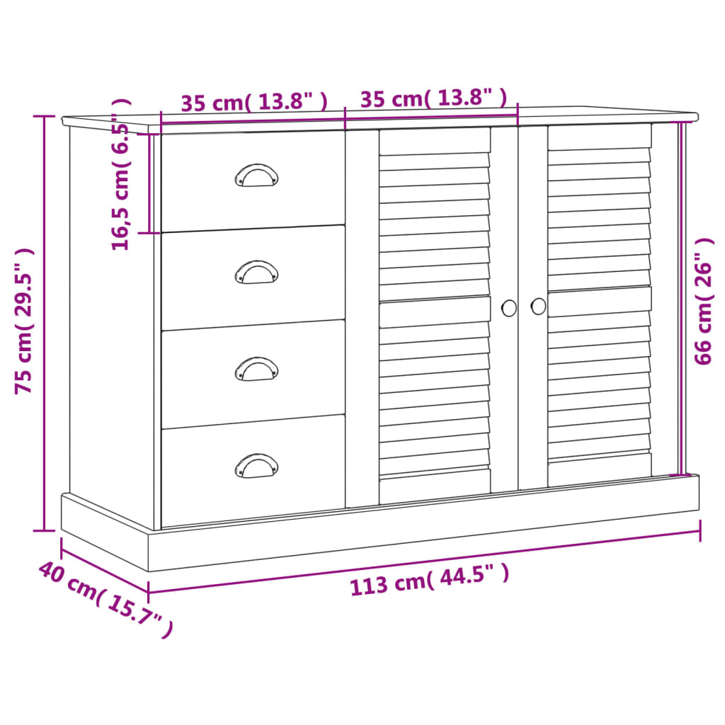 vidaXL Aparador com gavetas VIGO 113x40x75 cm pinho maciço branco