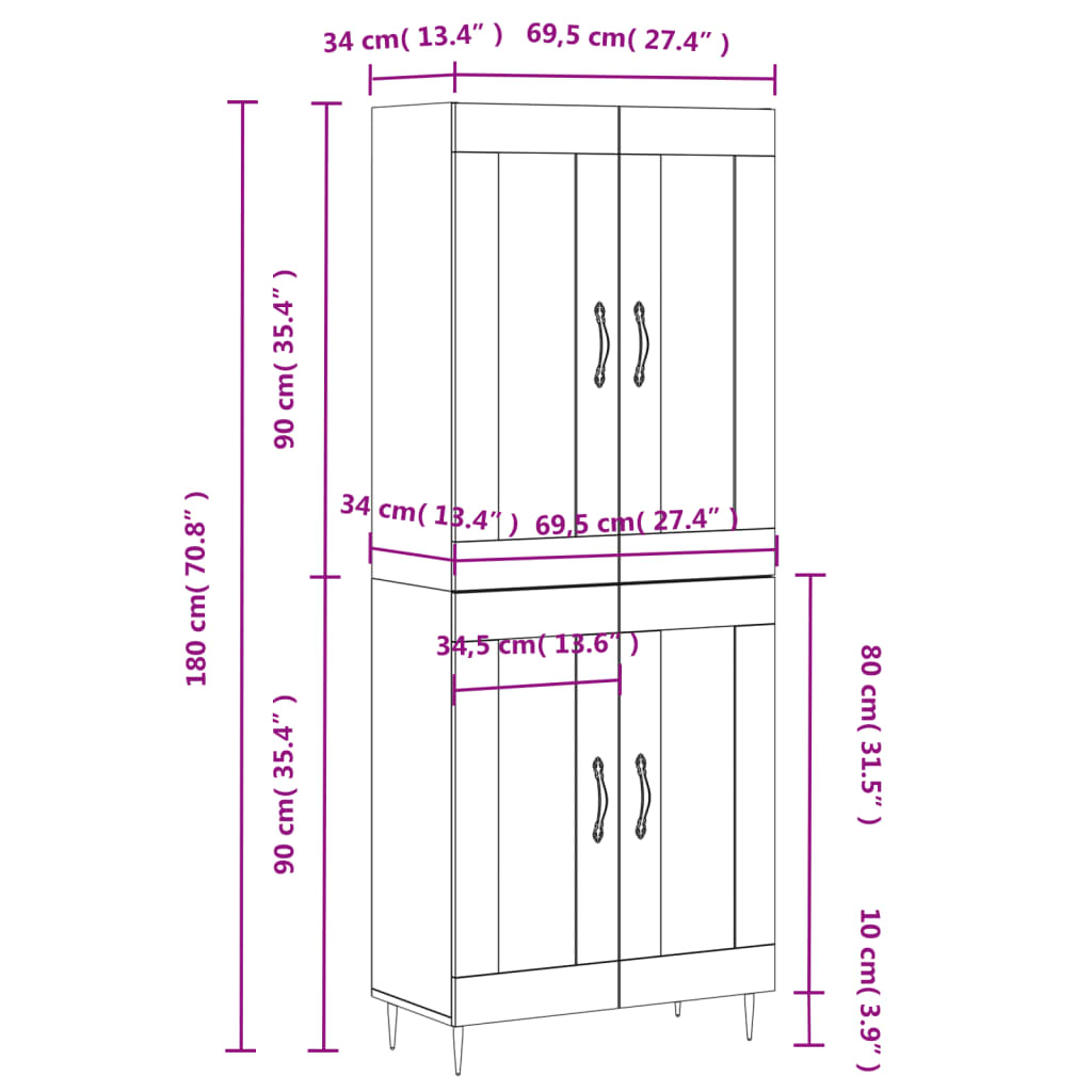 vidaXL Armário alto 69,5x34x180 cm derivados de madeira sonoma cinza