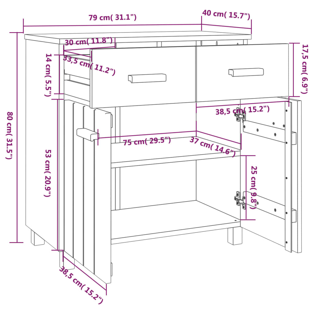 vidaXL Aparador HAMAR 79x40x80 cm pinho maciço cinza-claro