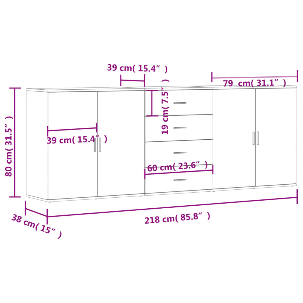 vidaXL Aparadores 3 pcs madeira processada cor carvalho castanho