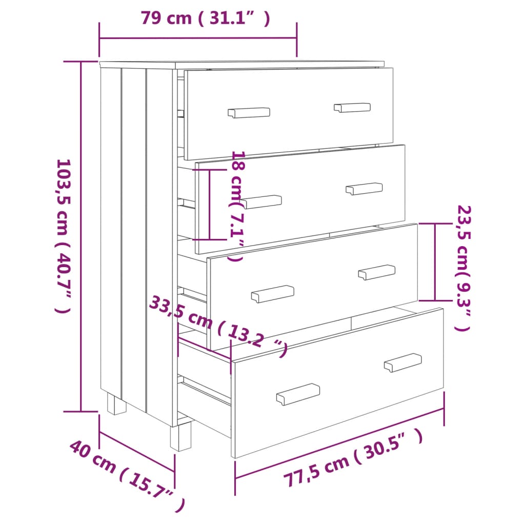 vidaXL Aparador HAMAR 79x40x103,5 cm pinho maciço castanho-mel