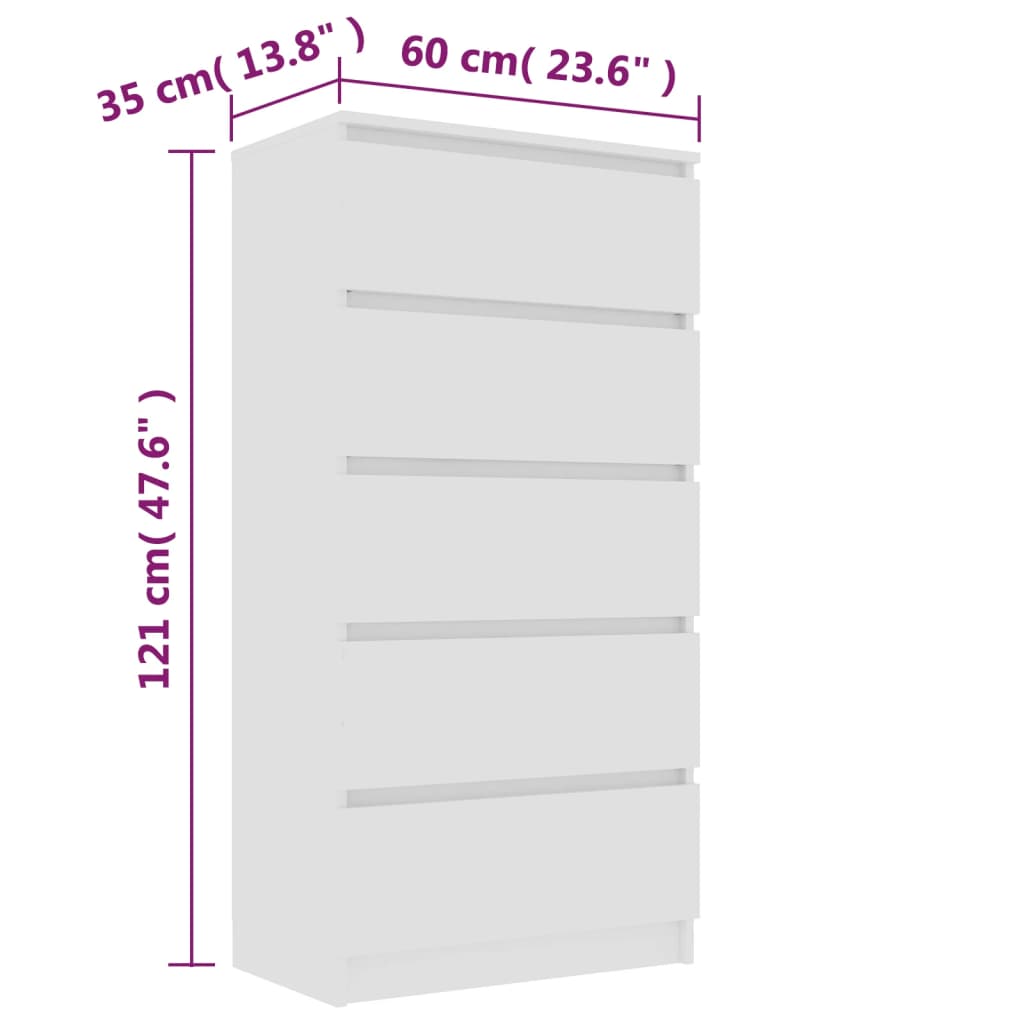 vidaXL Aparador c/ gavetas 60x35x121 cm contraplacado branco