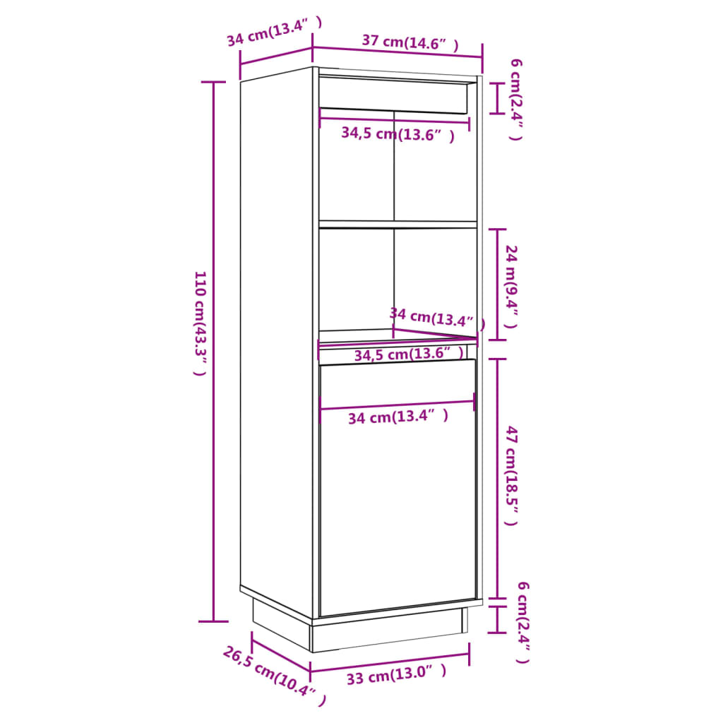 vidaXL Aparador alto 37x34x110 cm pinho maciço branco