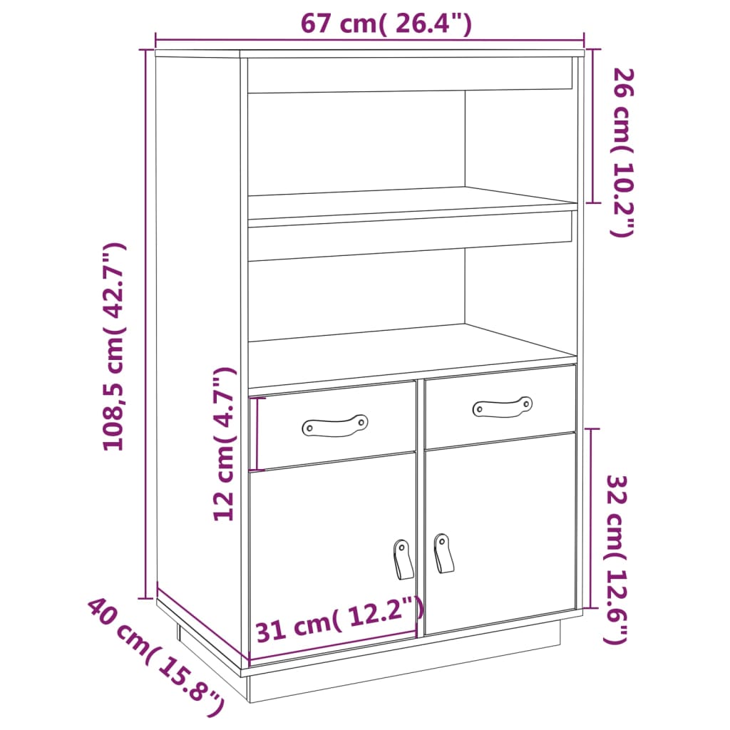 vidaXL Aparador alto 67x40x108,5 cm pinho maciço castanho mel