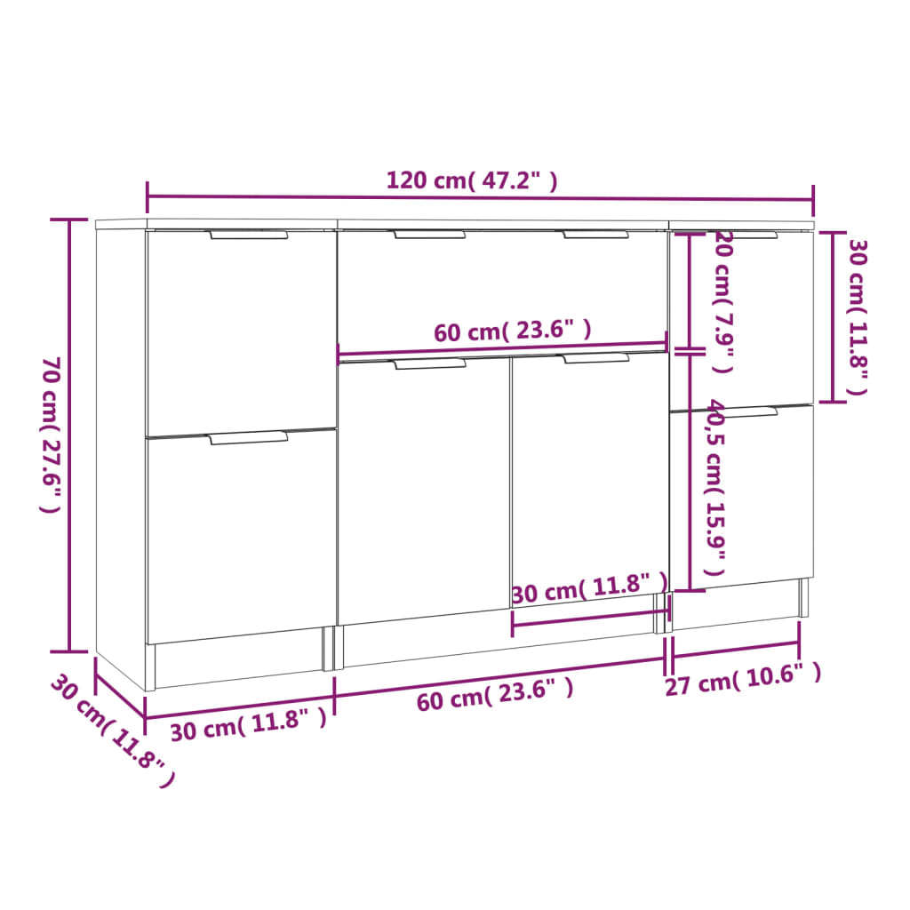 vidaXL Aparadores 3 pcs derivados de madeira cinzento cimento