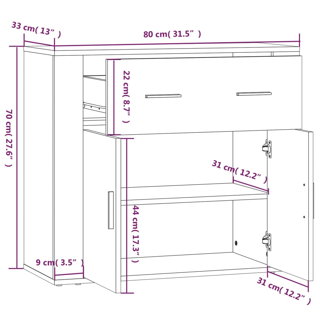 vidaXL Aparador 80x33x70 cm derivados de madeira cinzento sonoma