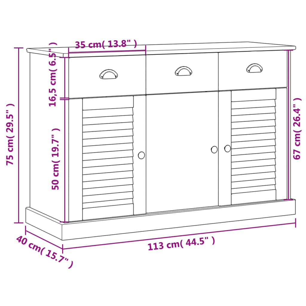 vidaXL Aparador com gavetas VIGO 113x40x75 cm pinho maciço branco