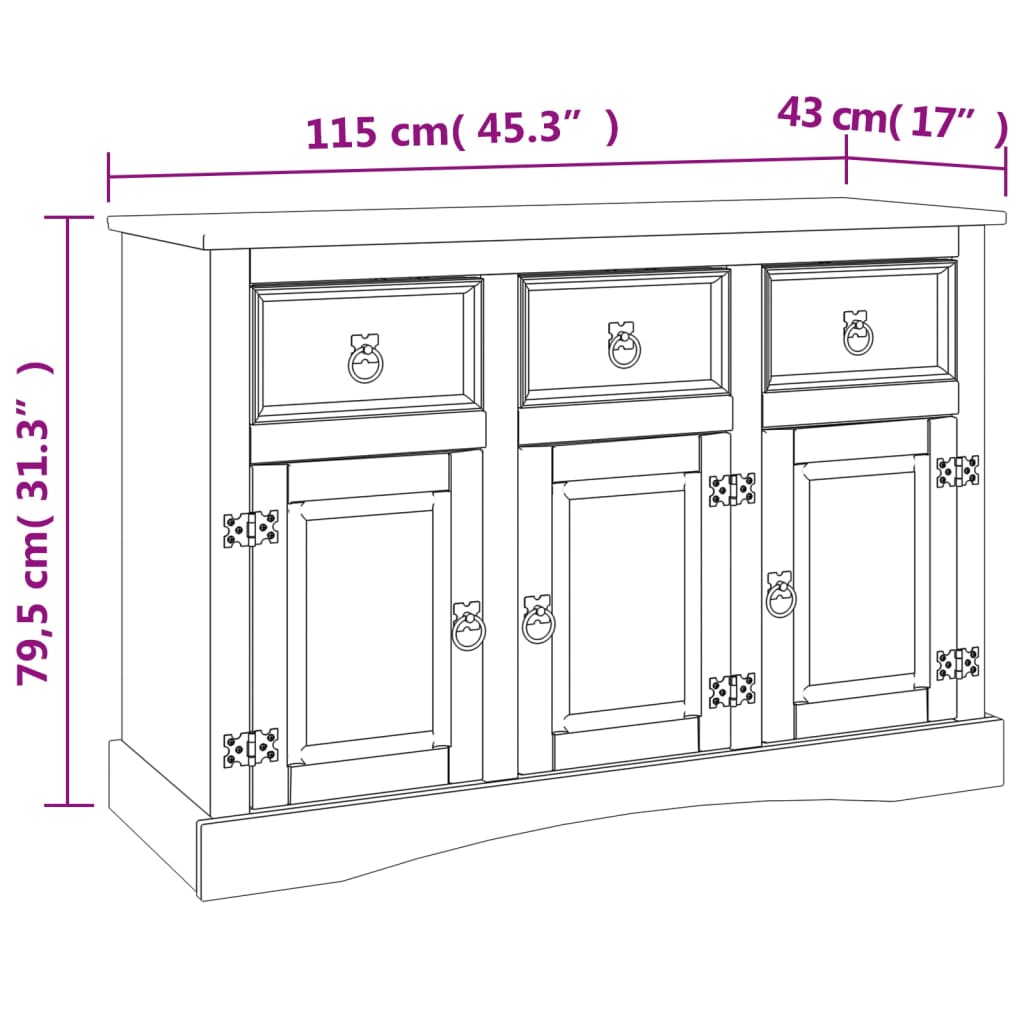 vidaXL Aparador Corona 115x43x79,5 cm pinho mexicano maciço