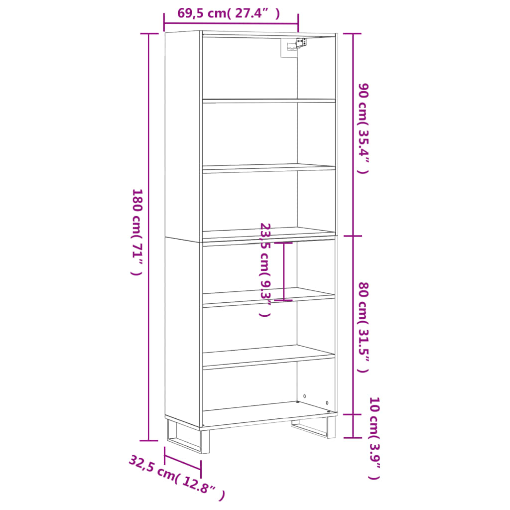 vidaXL Armário alto 69,5x32,5x180cm derivados madeira sonoma cinzento