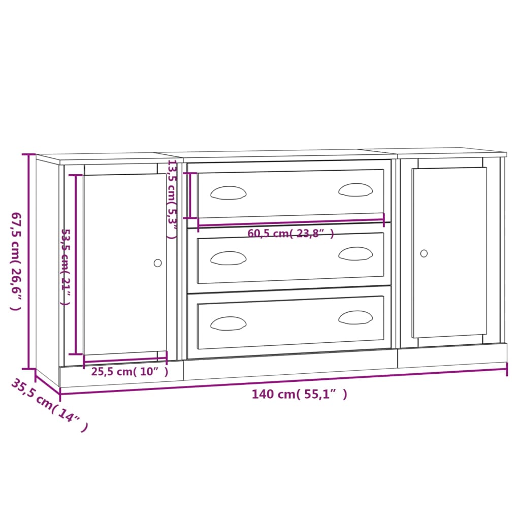 vidaXL Aparadores 3 pcs derivados de madeira preto