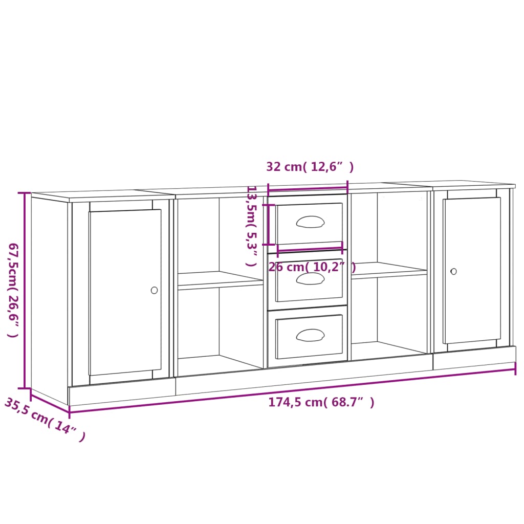 vidaXL Aparadores 3 pcs madeira processada branco