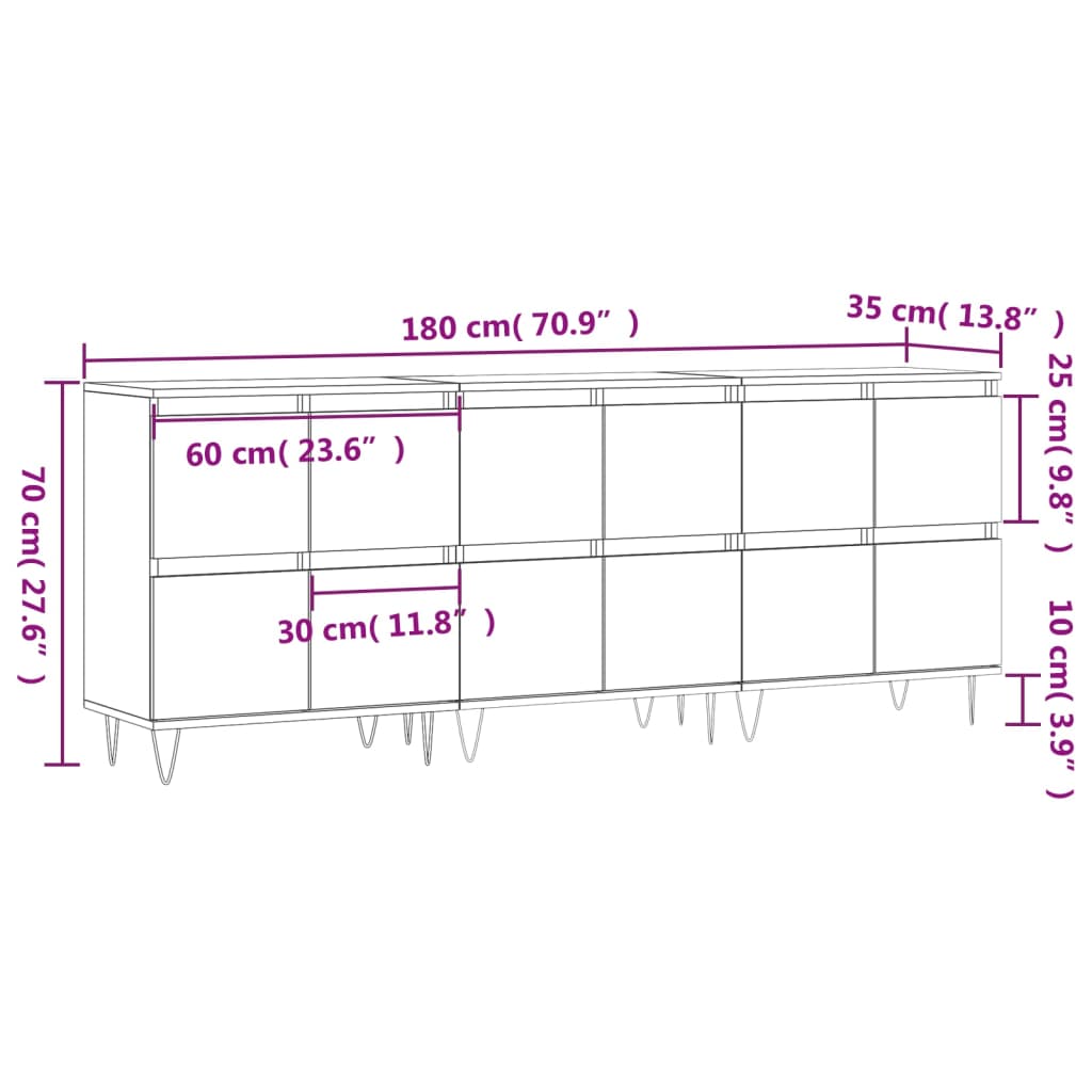 vidaXL Aparadores 3 pcs derivados de madeira branco brilhante