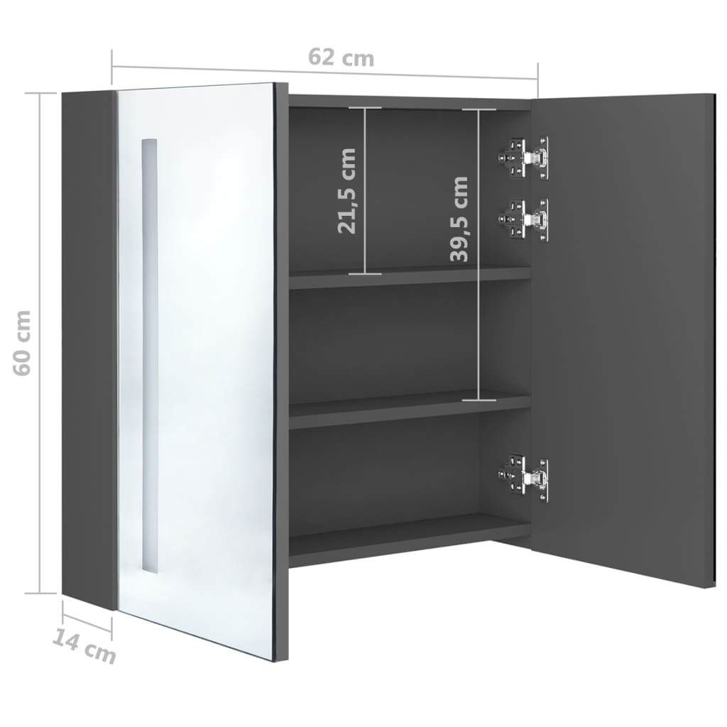 vidaXL Armário espelhado p/ casa de banho LED 62x14x60 cm cinzento