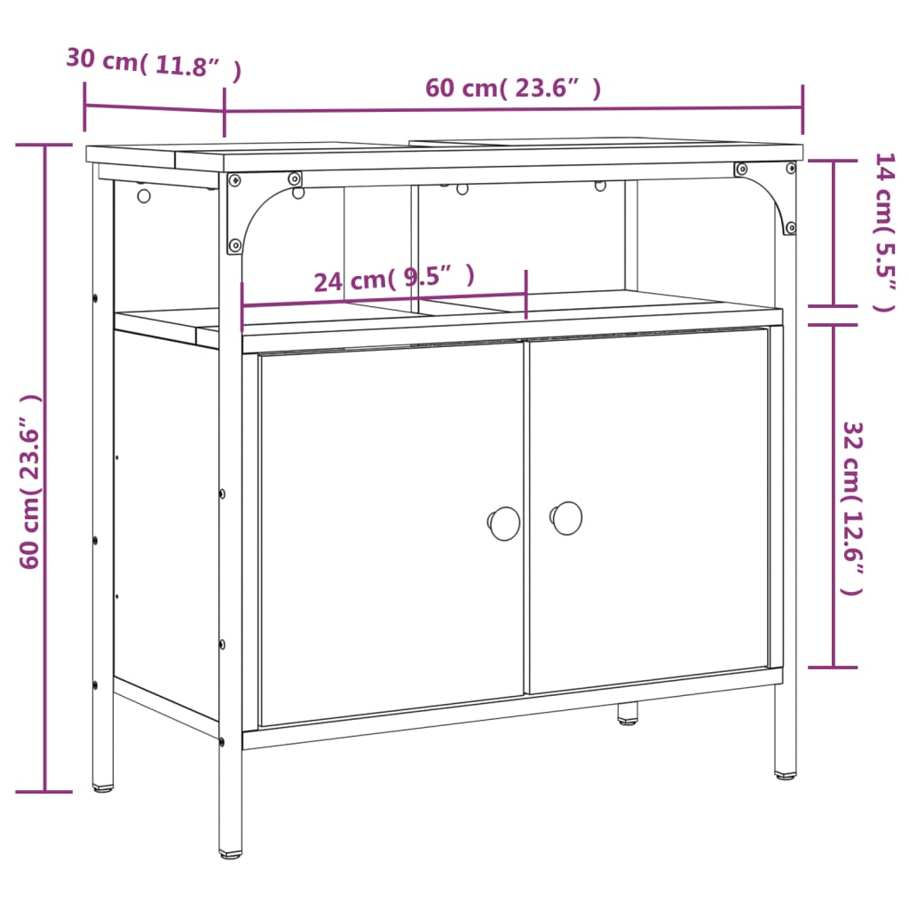 vidaXL Móvel p/ lavatório 60x30x60cm derivados madeira cinzento sonoma