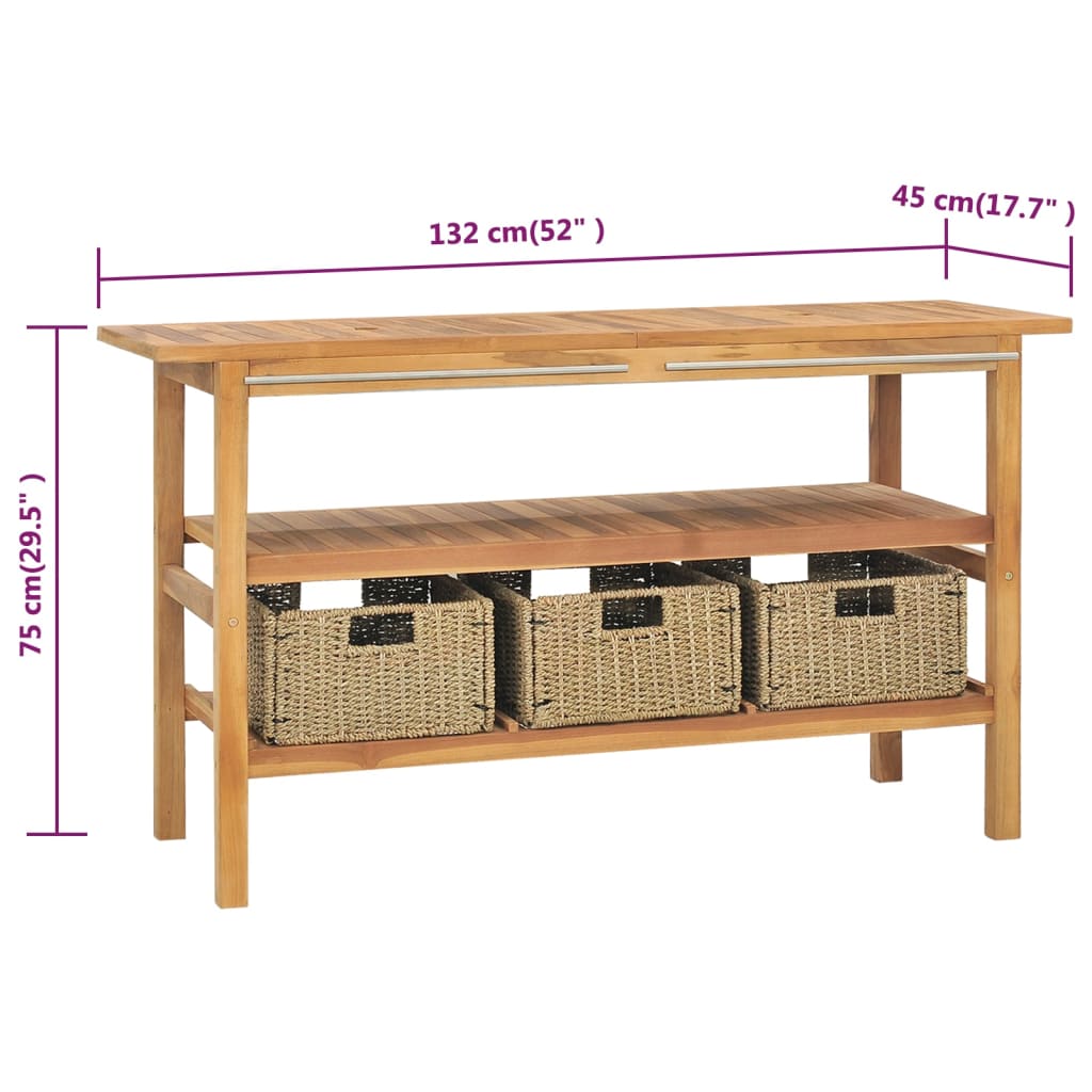 vidaXL Móvel lavatório c/ 3 cestos casa banho teca maciça 132x45x75 cm