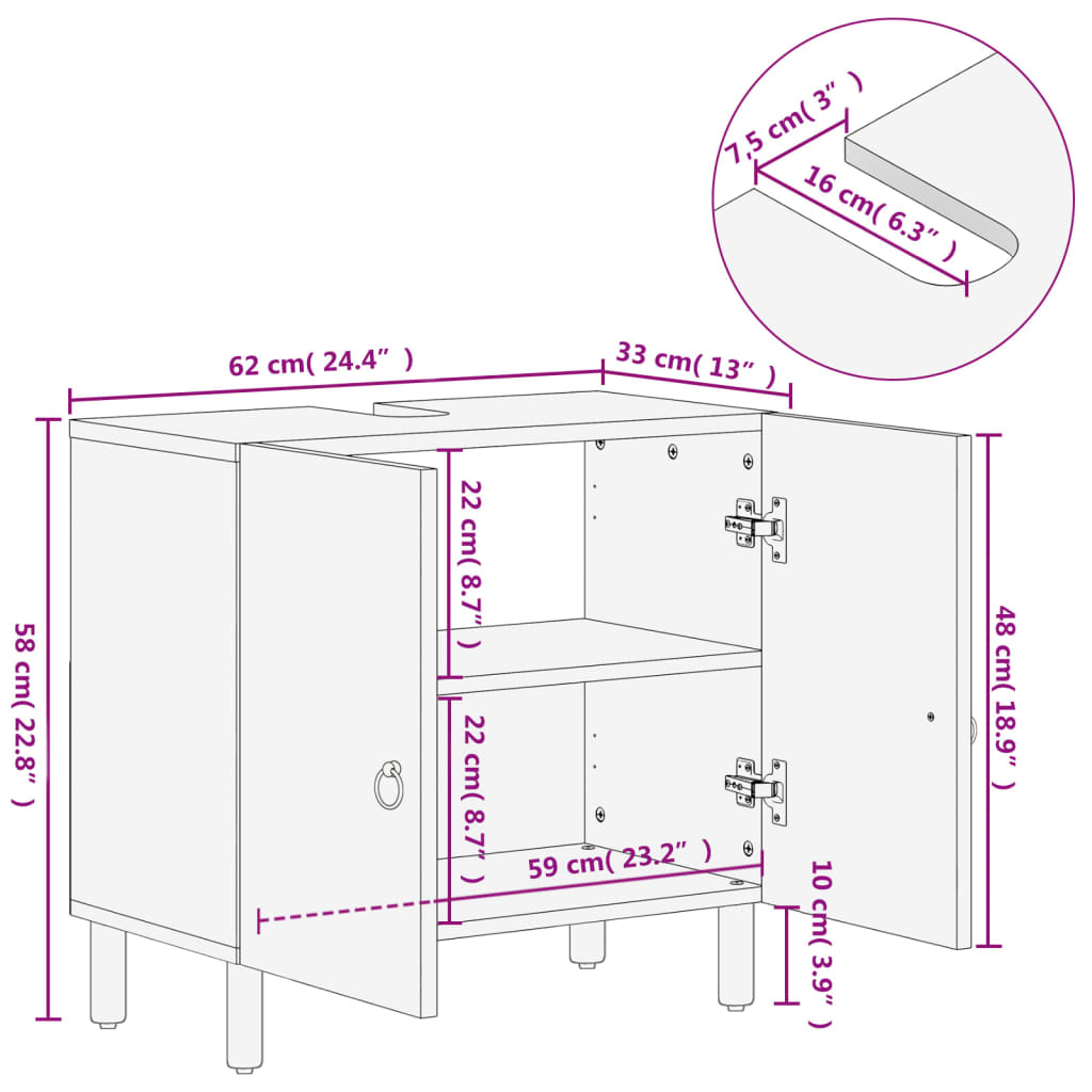 vidaXL Armário para lavatório 62x33x58 cm madeira de mangueira maciça