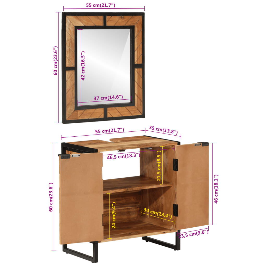 vidaXL 2 pcs conj. móveis p/ casa de banho ferro e acácia maciça