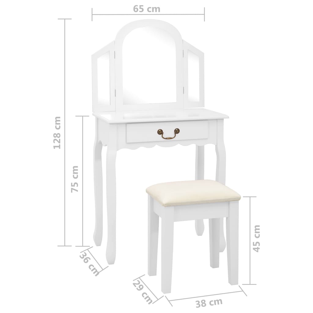 vidaXL Toucador c/ banco 65x36x128 cm MDF e madeira paulownia branco