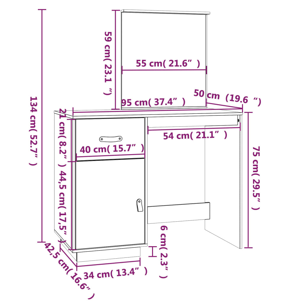 vidaXL Toucador 95x50x134 cm madeira de pinho maciça branco