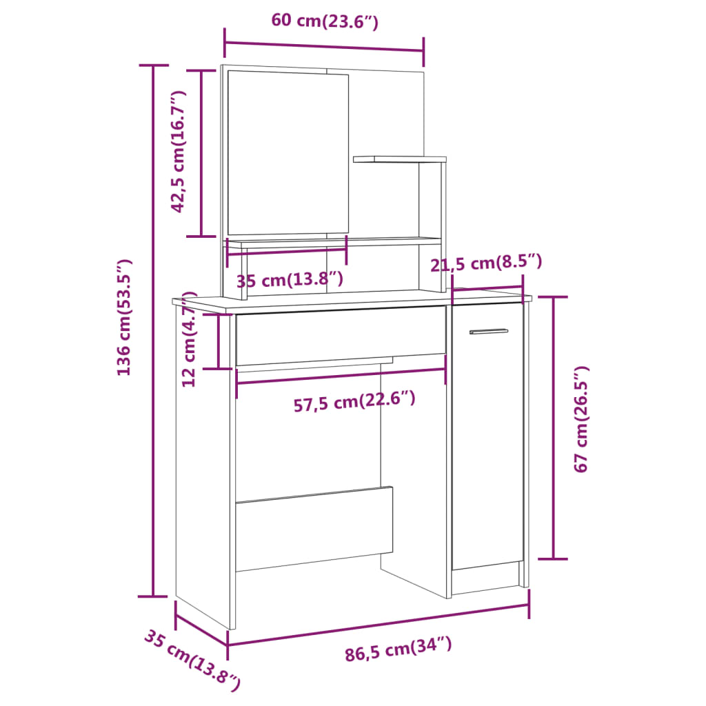 vidaXL Toucador com espelho 86,5x35x136 cm cor carvalho sonoma