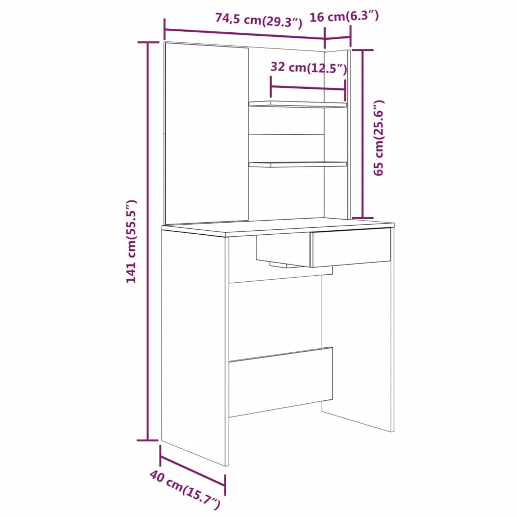 vidaXL Toucador com espelho 74,5x40x141 cm branco brilhante