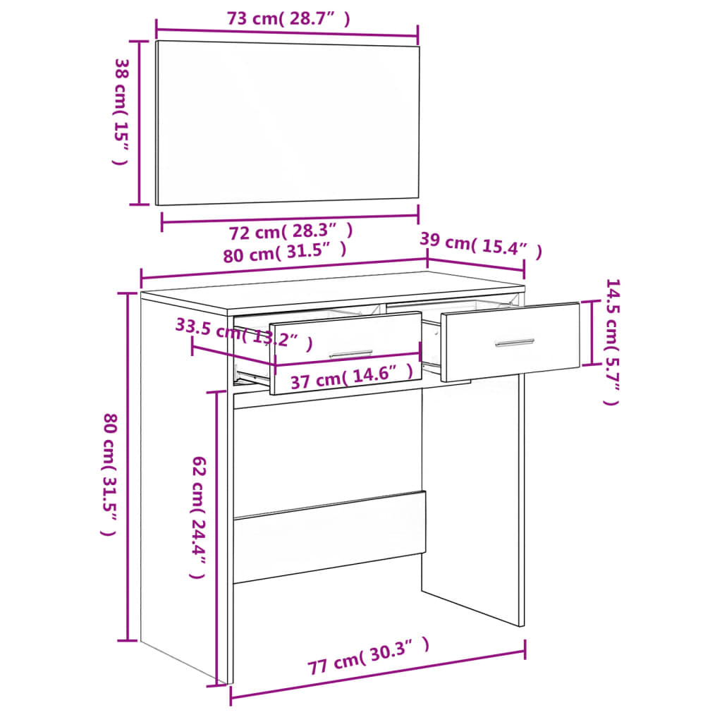 vidaXL Toucador com espelho 80x39x80 cm cor cinzento sonoma