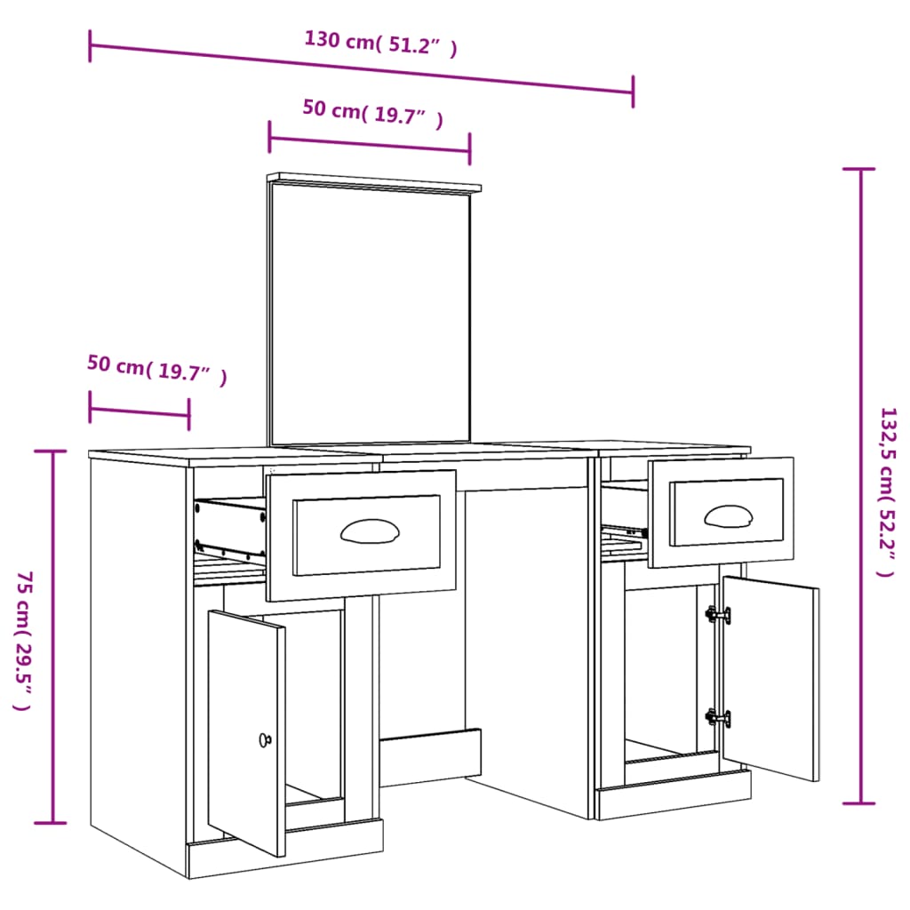 vidaXL Toucador com espelho 130x50x132,5 cm cinzento cimento