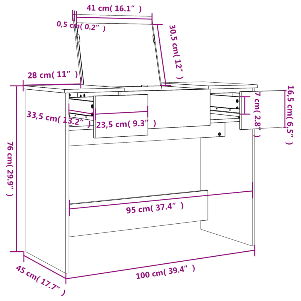 vidaXL Toucador com espelho 100x45x76 cm cor carvalho fumado