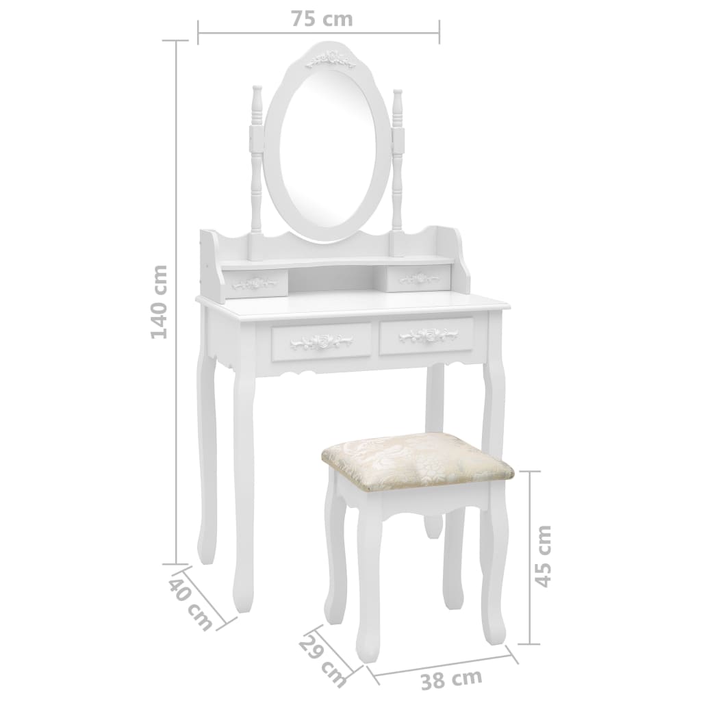 vidaXL Conj. toucador com banco 75x69x140 cm madeira paulownia branco