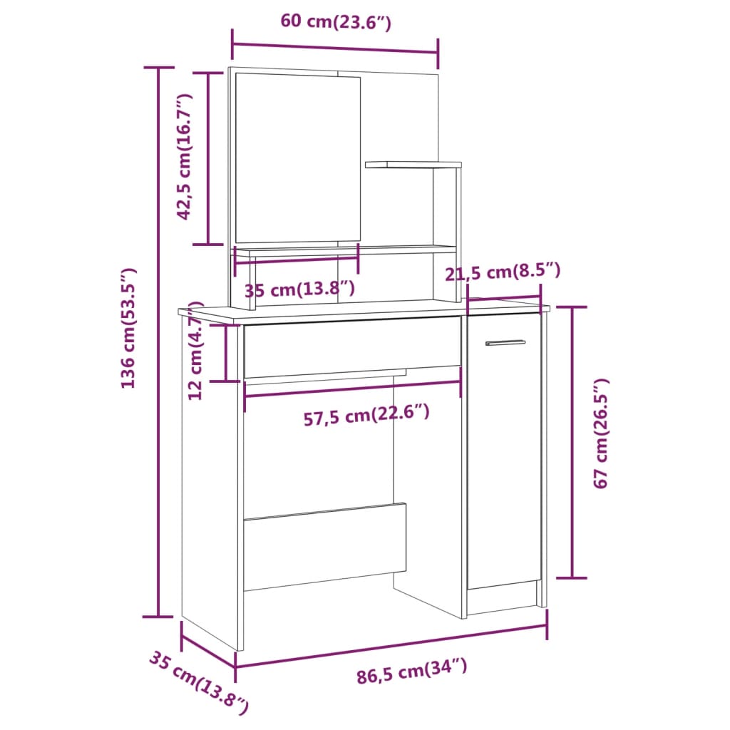 vidaXL Toucador com espelho 86,5x35x136 cm cor sonoma cinzento