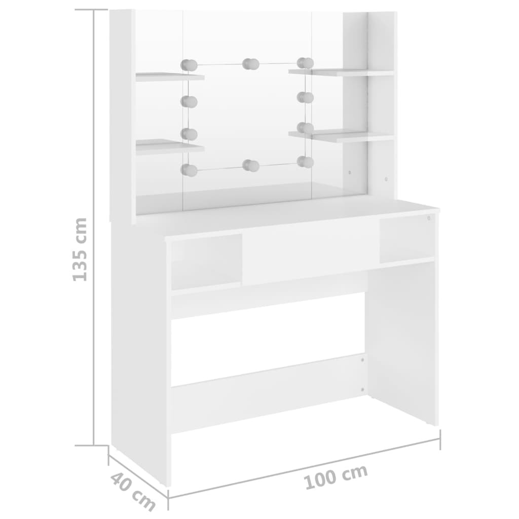 vidaXL Mesa de maquilhagem c/ luzes LED 100x40x135 cm MDF branco