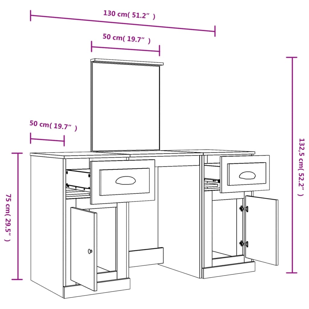 vidaXL Toucador com espelho 130x50x132,5 cm cor branco