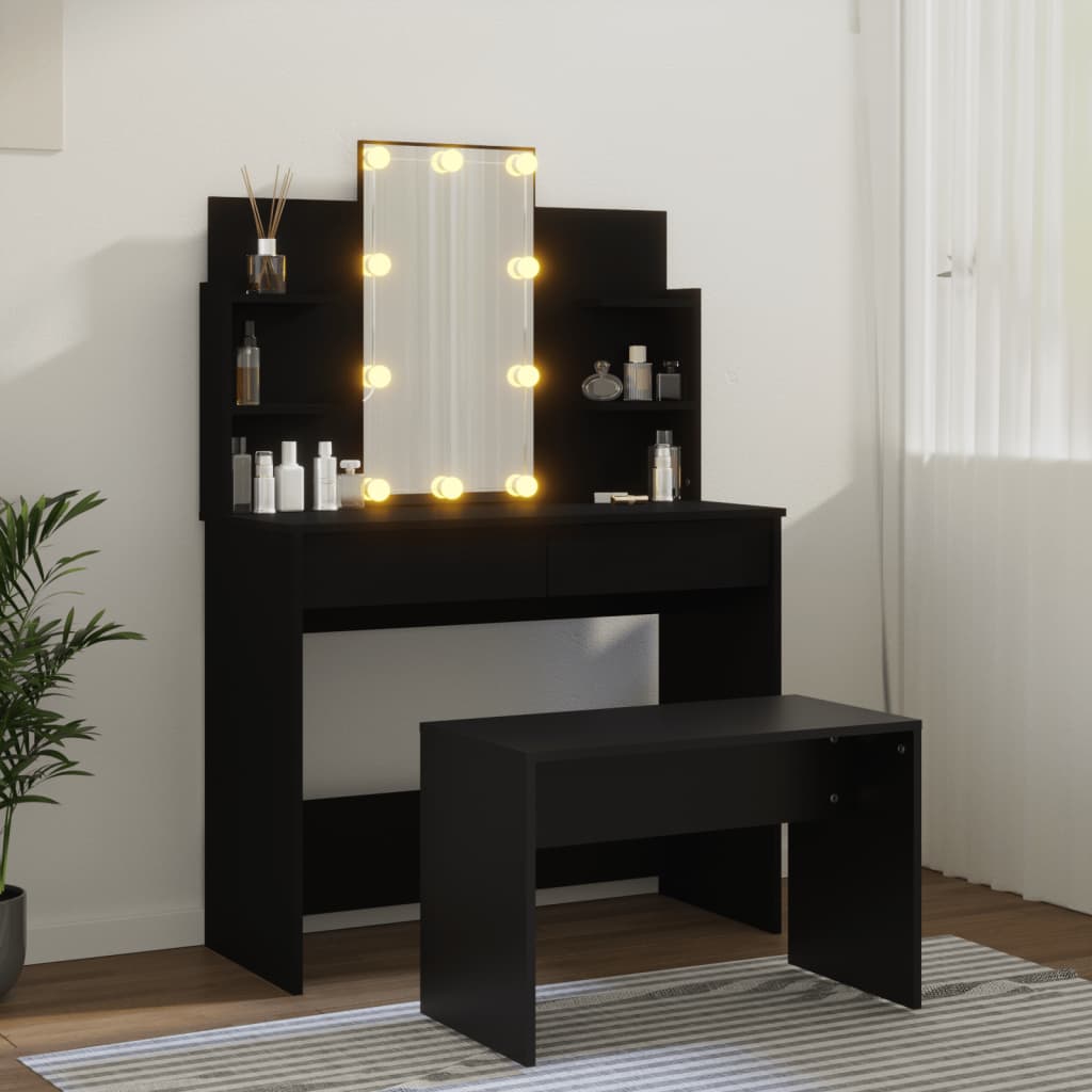 vidaXL Conjunto de toucador com luzes LED derivados de madeira preto