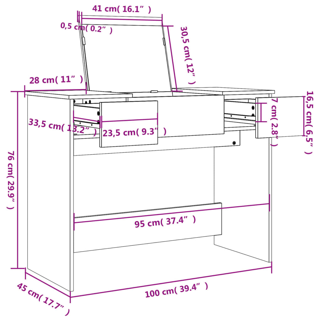 vidaXL Toucador com espelho 100x45x76 cm cinzento sonoma